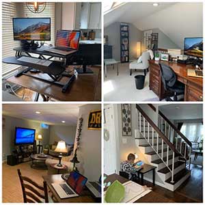 A photo of four work spaces spread throughout the house