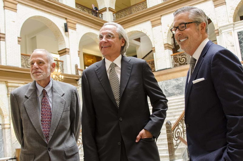 Dean Roger Dennis, Thomas R. Kline and President John A. Fry (L-R) in Drexel University's Main Building. Photo credit: Ben Knisley.