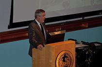 President Fry speaking during the third town hall of 2015 on the University's refreshed strategic plan.