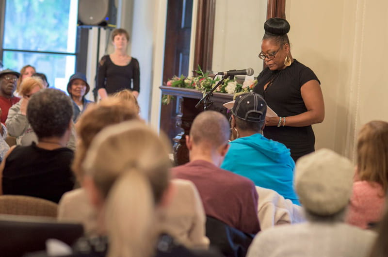 Chanda Rice reading from her anthology in a special College of Arts and Sciences Writers Room event held at the Dornsife Center June 2. Photo by Jennifer Britton.