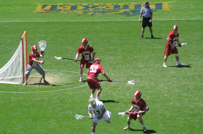An on-field Drexel Dragons logo can be seen during a Final Four game between Notre Dame and Denver, the eventual national champions. Courtesy of the Drexel Athletic Department.