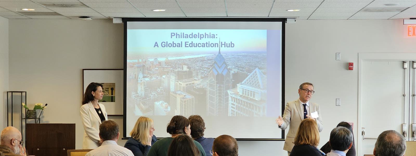 The meeting was led by Drexel University’s Vice Provost of Global Engagement Rogelio Mi&#241;ana, PhD, photographed standing on right at the event, and Vice Provost of Global Engagement at Temple University Emilia Zankina, PhD, standing on left.