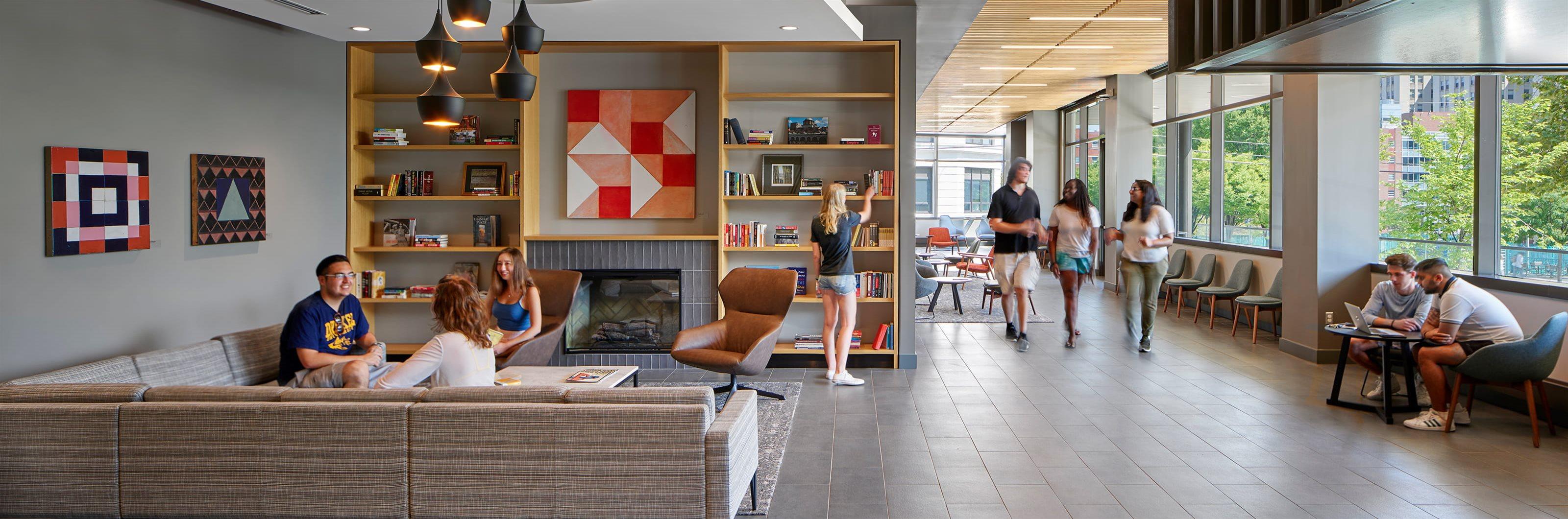 Various people in Pennoni Honors College lobby at Bentley Hall.