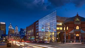 Exterior of Bossone Research Enterprise Center with Philadelphia Skyline