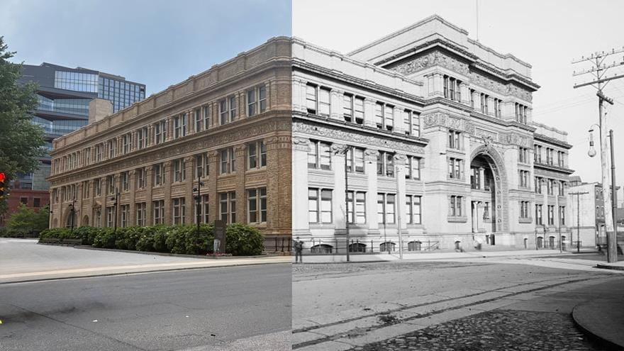 A photo compostie of Drexel's Main Building using an archival black-and-white photo and a modern-day color photo.