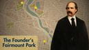 Anthony J. Drexel and "The Founder's Fairmount Park" in front of a map of Fairmount Park.