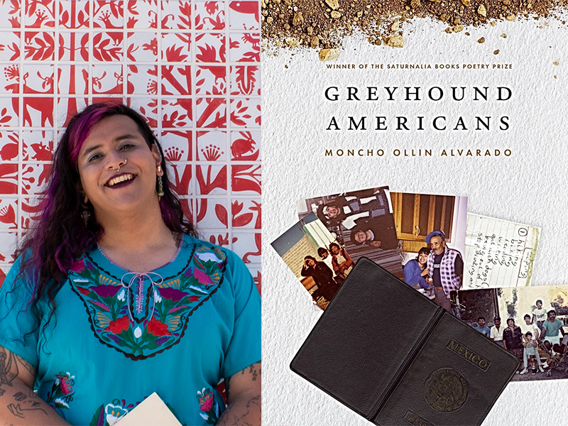 An image of Moncho Alvarado beside an image of the cover of her book, Greyhound Americans