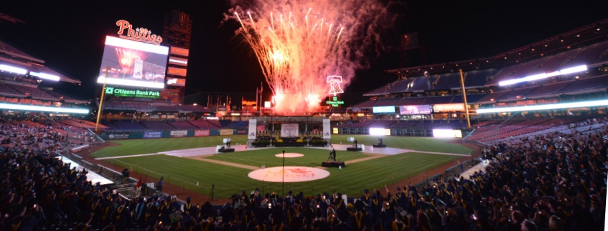 view of commencement fireworks at citizens bank ballpark