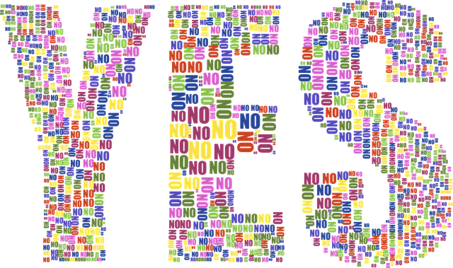 Image is of the word Yes filled with colorful Nos.