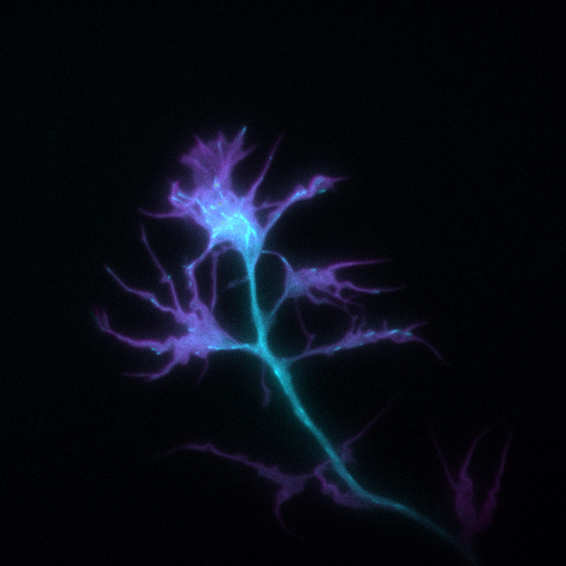 Growth cone from a 3-day old rat hippocampal neuron in culture, expressing fluorescent actin (in purple) and fluorescent microtubule end-binding protein EB3 (in blue).