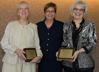 Page Morahan and Rosalyn Richman received honorary ELAM degrees from Diane Magrane at the May 1 graduation ceremony.