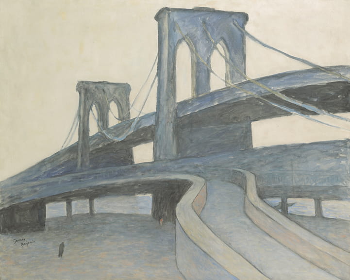 "Brooklyn Bridge at Dawn" by Gershon Benjamin, ca. 1968, oil on canvas, 40 x 50 inches. The Gershon Benjamin Foundation.