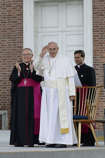 Pope Francis outside Independence Hall in Philadelphia with Archbishop Charles Chaput at his right.