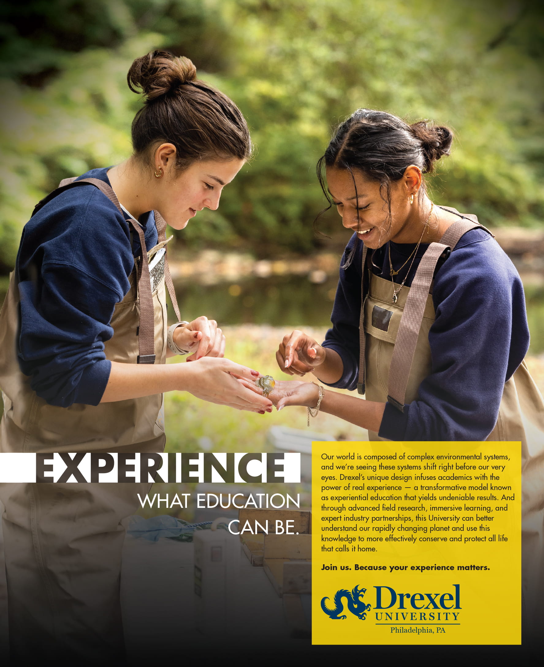 New York Times ad depicting two Drexel Environmental science students studying a fish outdoors