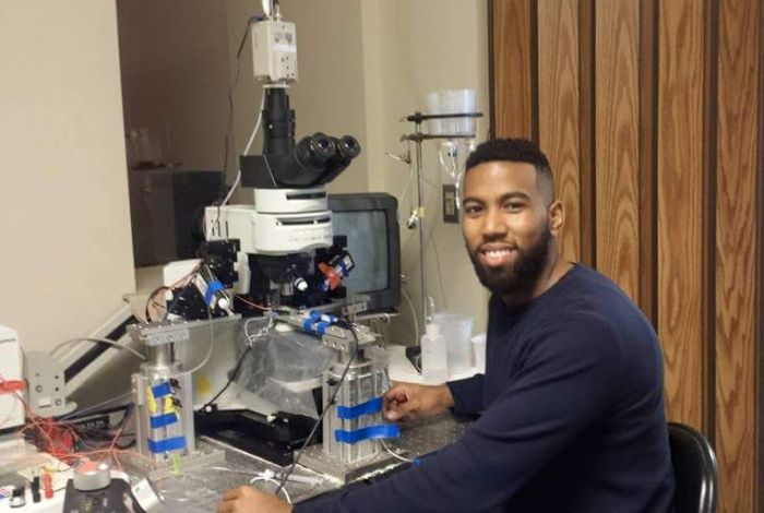 Austin Coley, neurobiology student, working in the laboratory of Wen-Jun Gao, PhD