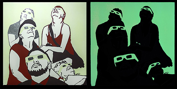 'Eclipse' by Nick Cassway, five individuals looking up in various poses with special glasses on seperated into two panels.